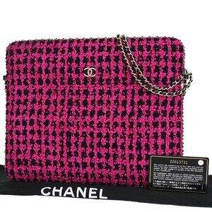 CHANEL CC Logo IPad Case Chain Shoulder Bag Tweed Leather Magenta GHW 373RJ500